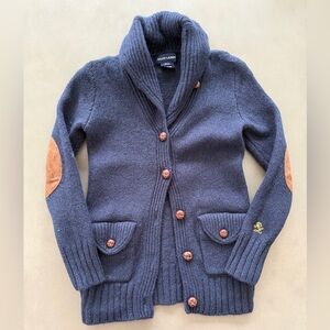 Ralph Lauren Rugby Navy Blue Wool Cardigan with Suede and Leather details Sz 7